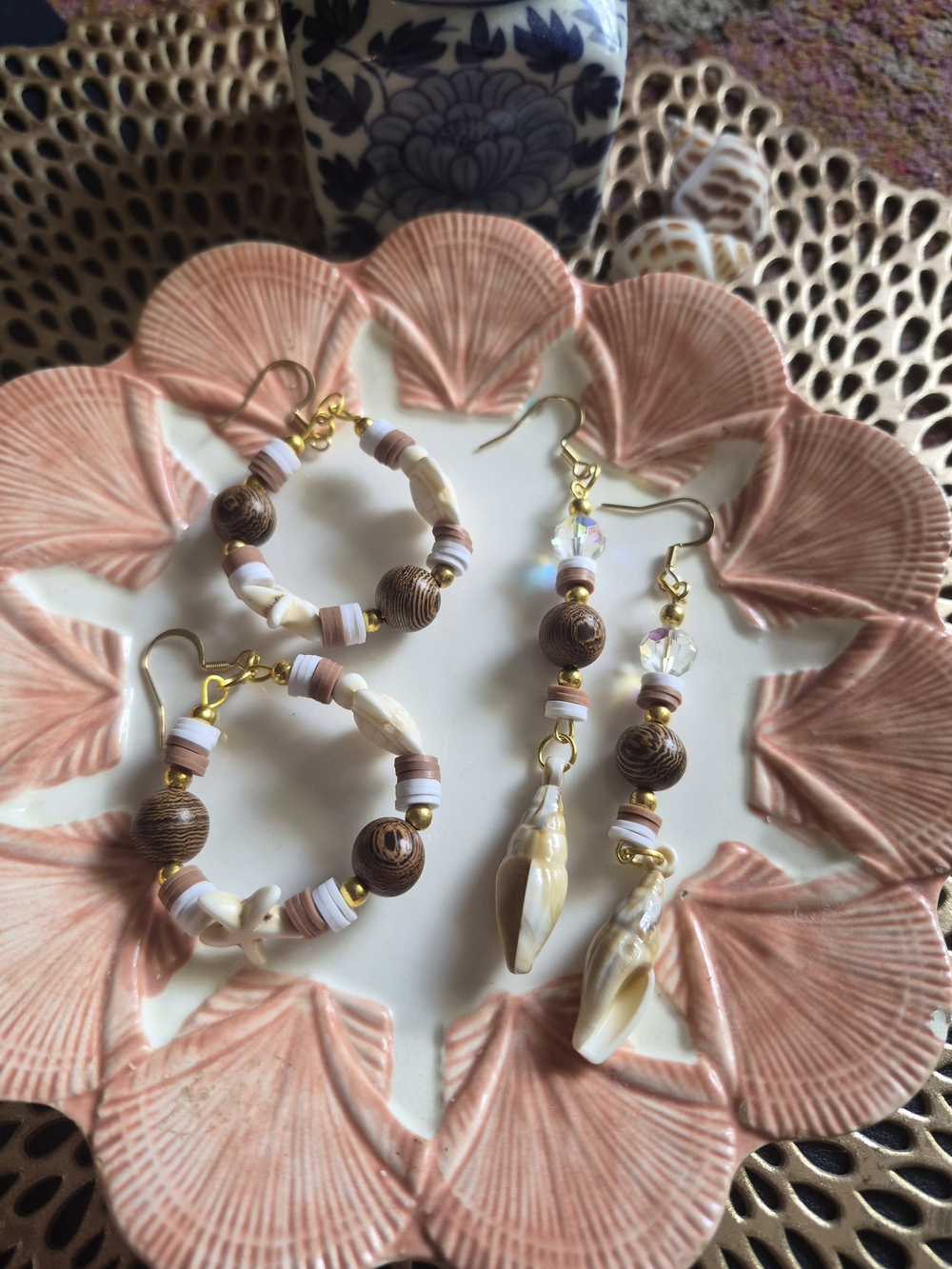 Handmade Shell & Bead Women's Earrings in Cream, White and Brown – Gold Accents